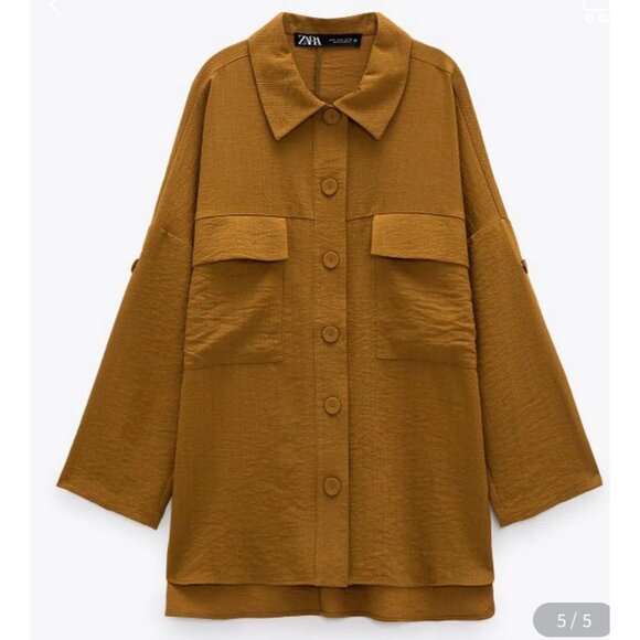 Zara Women’s Relaxed Fit Botton Up Tunic Shirt Size L Roll Tag Sleeve Pockets - Picture 1 of 8
